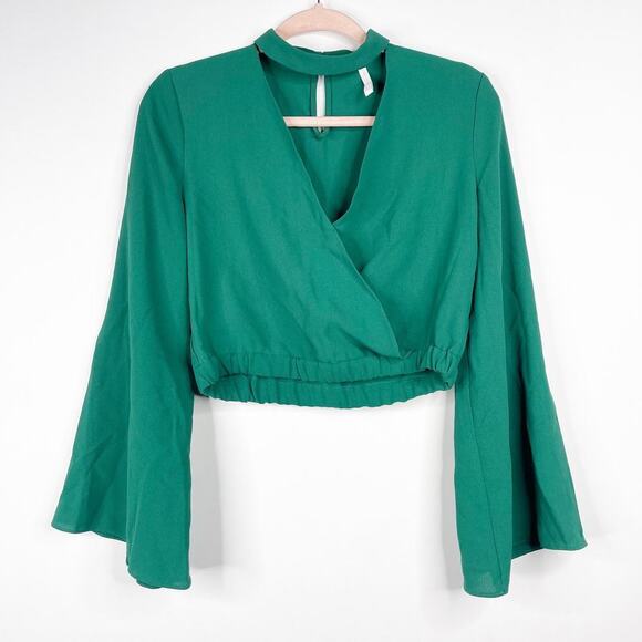 2/$30 ZARA Surplice Choker Crop Top Medium Green Kimono Sleeve Keyhole #7348 - Picture 3 of 15